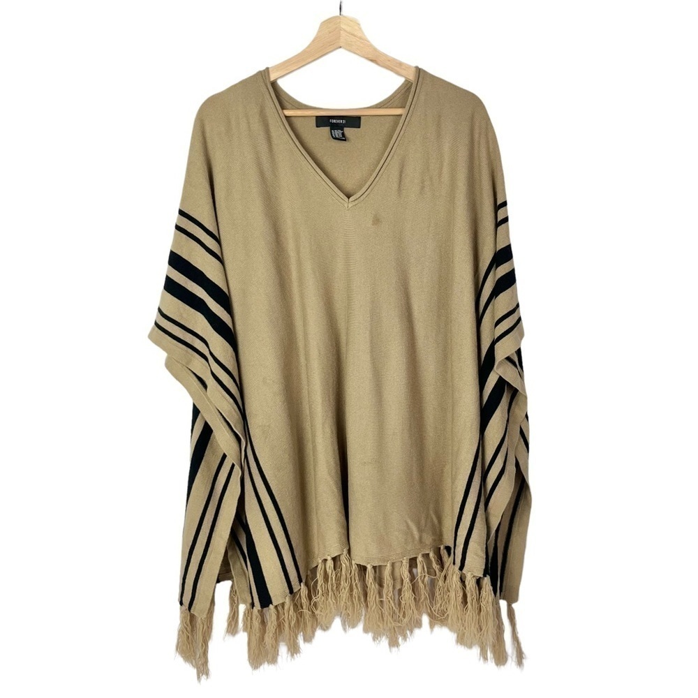 Forever 21 Brown & Black Stripe Tassel Bottom Poncho Sweater OS